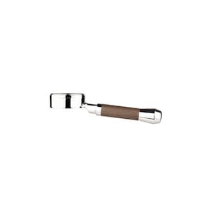 May include: A stainless steel espresso portafilter featuring a cylindrical basket head and a straight handle with a dark brown wood grain grip section and a polished metal end cap, designed for use with professional espresso machine equipment.