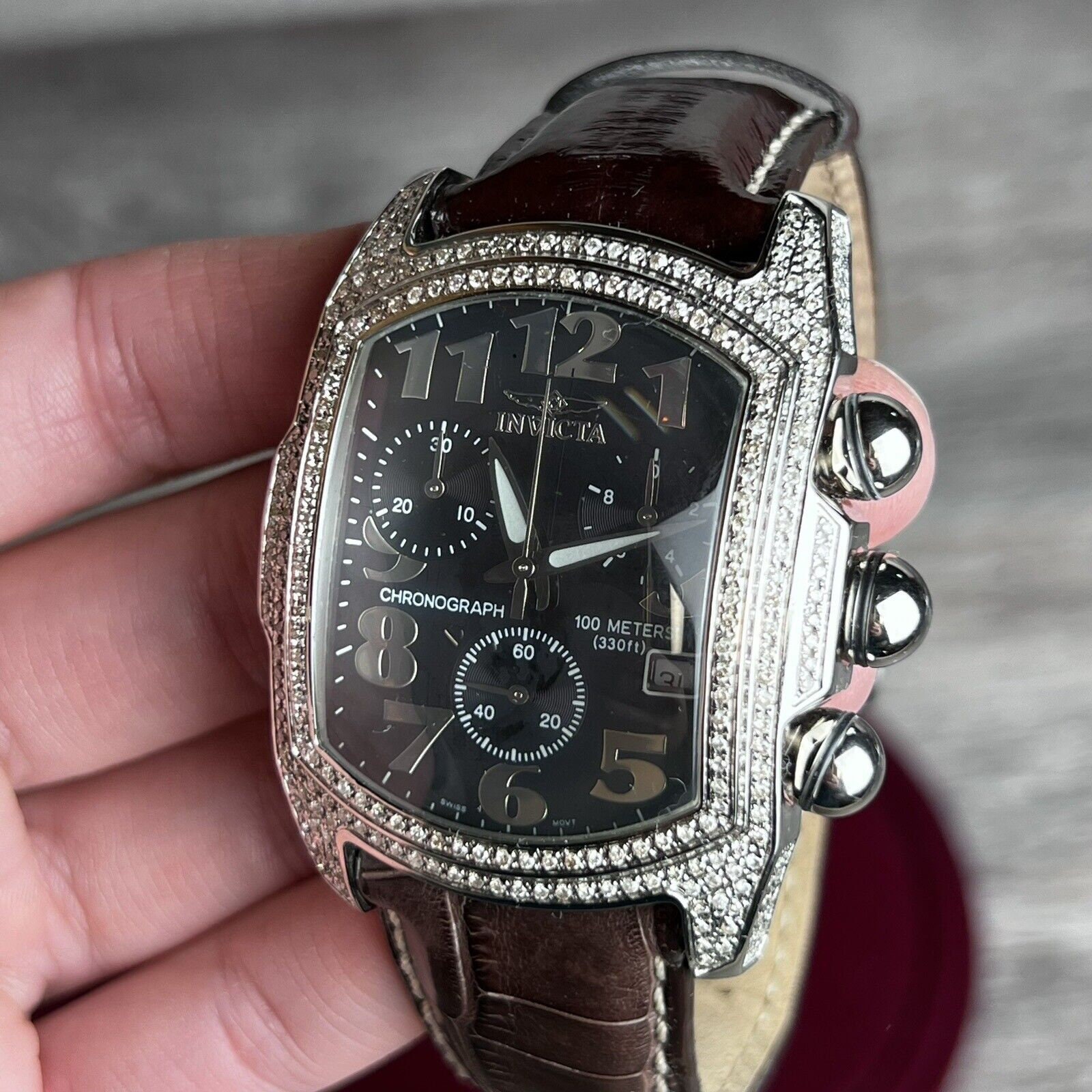 Invicta Lupah Chronograph Genuine Diamond Steel Watch with Black Leather Band Invicta Lupah Men main image 3