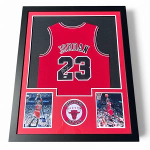 Signed Michael Jordan Chicago Bulls RED Mitchell & Ness Basketball Jersey Authentic Autographed FRAMED Hologram COA