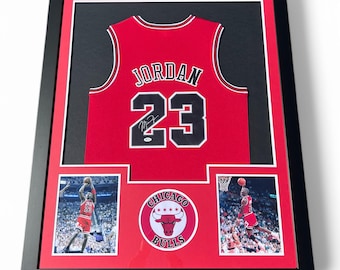 Signed Michael Jordan Chicago Bulls RED Mitchell & Ness Basketball Jersey Authentic Autographed FRAMED Hologram COA