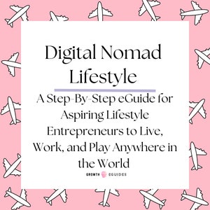 May include: A pink background with white airplane illustrations surrounds a white square containing text. The text reads "Digital Nomad Lifestyle" and describes a step-by-step eGuide for entrepreneurs to live, work, and play anywhere in the world.