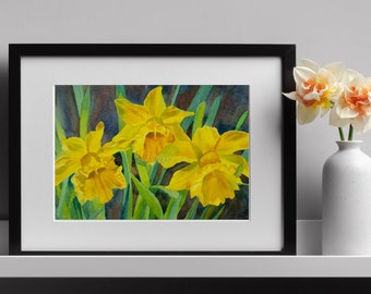 Daffodils watercolor print, daffodil painting wall art, yellow daffodils watercolor painting wall decor, spring watercolor fine art print