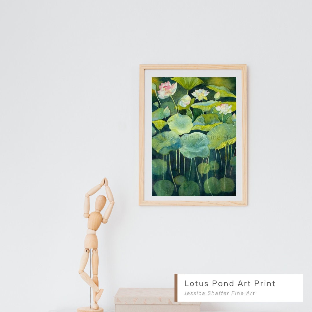 Lotus Pond Watercolor Wall Art, Lotus Flower Watercolor Print, Wickford