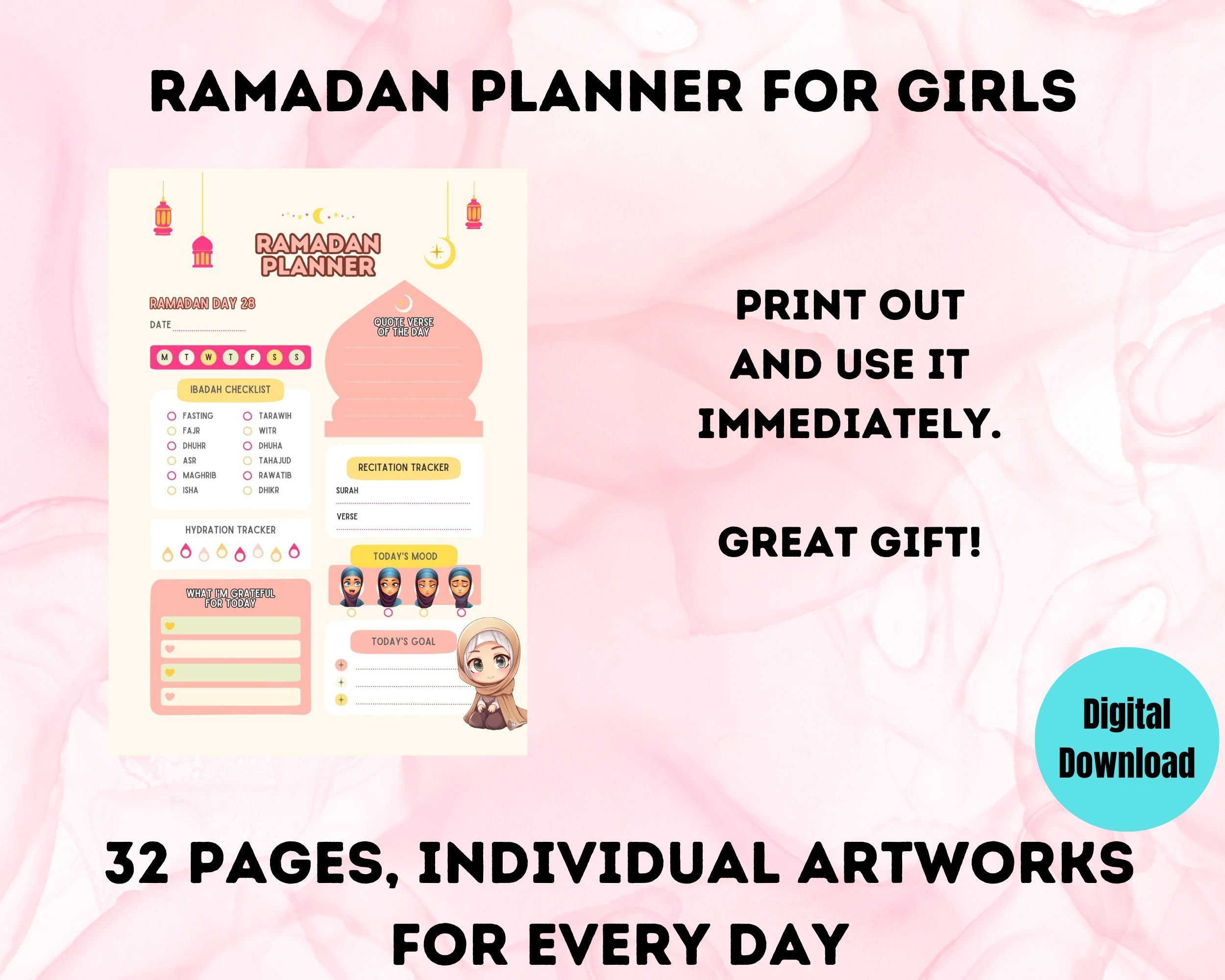 Ramadan Planner for Girls, Ramadan Planner 2024, Cute Design, Digital ...