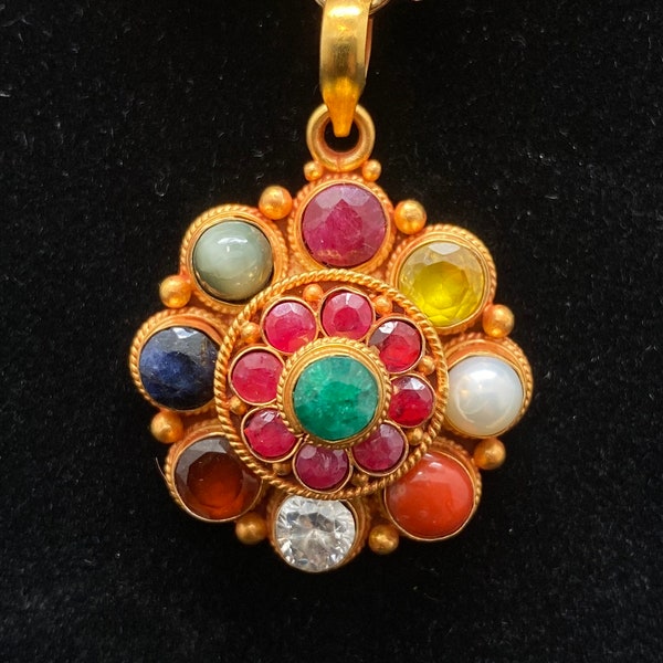 Navaratna gem stone pendant, sterling silver, gold plated,handcrafted, flower,natural stone, nine planet gem stone,semi precious stone