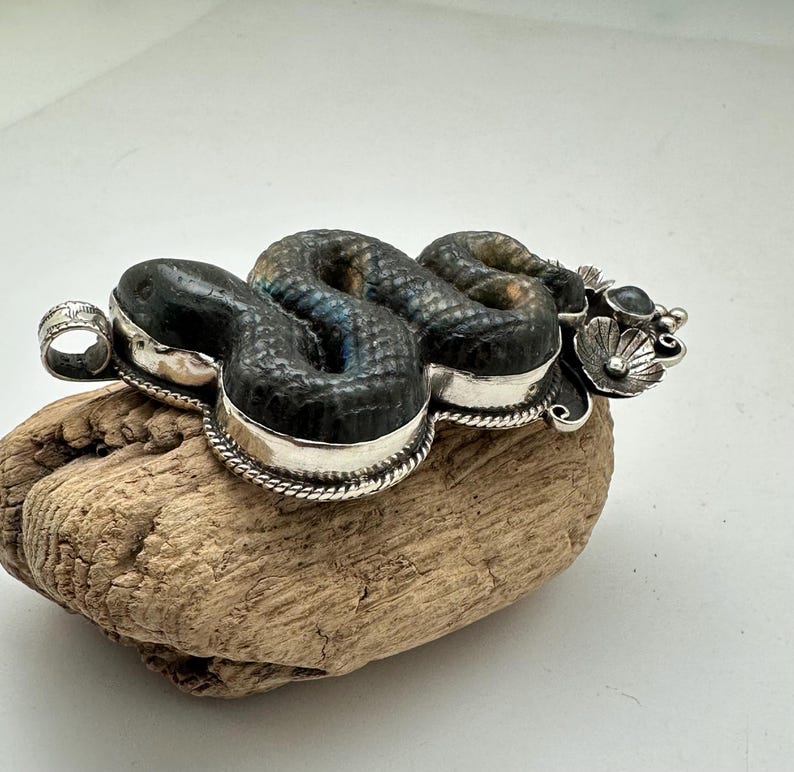 May include: A handcrafted silver and stone snake pendant. The pendant features a detailed snake design with a textured, dark gray body and silver accents. The snake is coiled and rests on a piece of driftwood.
