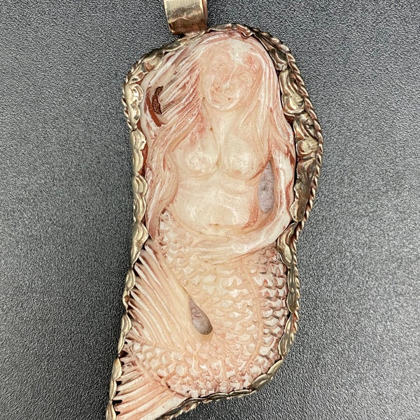 Mermaid pendant,water buffalo bone hand carved,Tibetan silver , handcrafted , Nepal