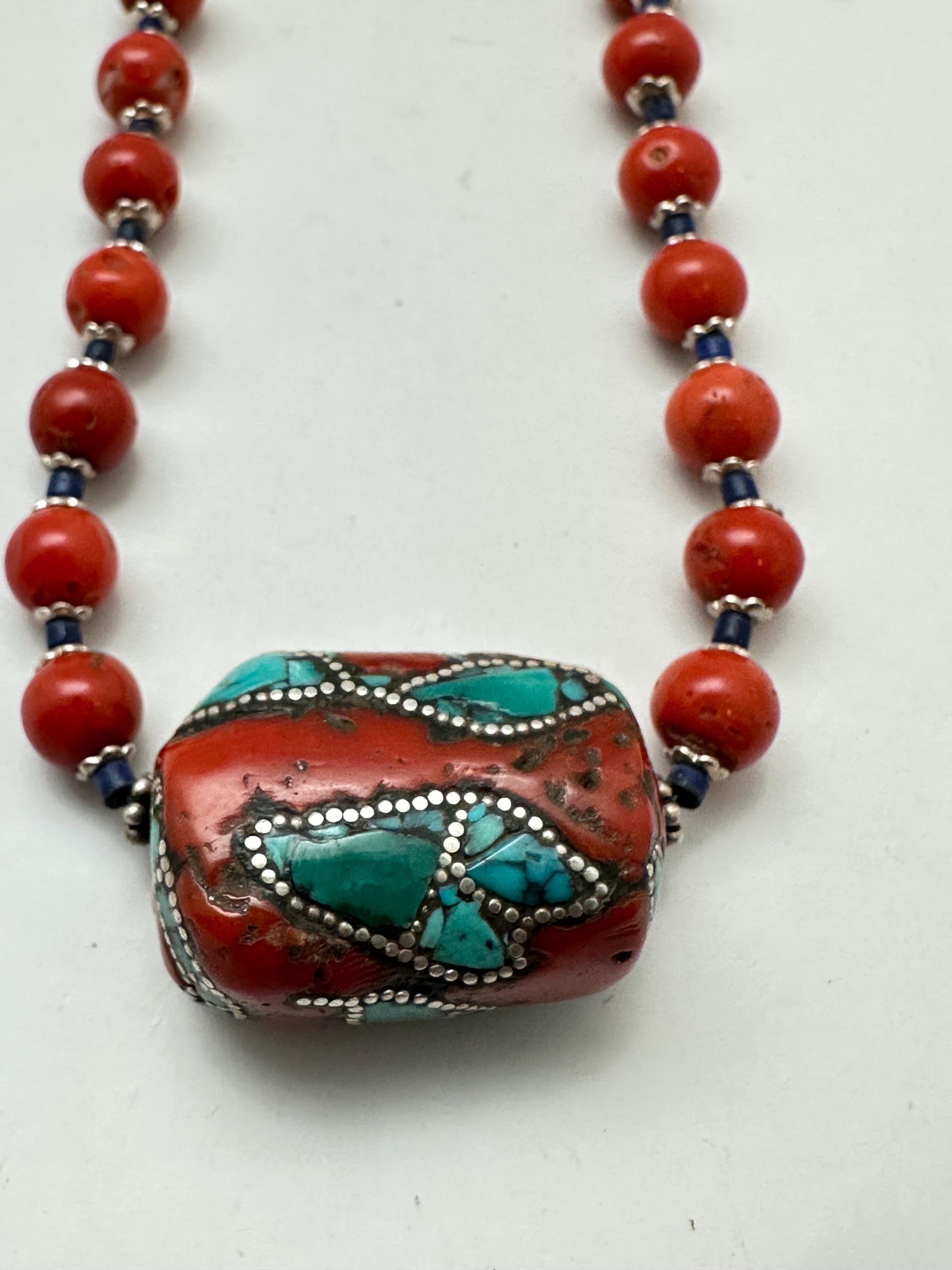 Coral Necklace, Handcrafted, Turquoise and Silver Inlaid,ethnic
