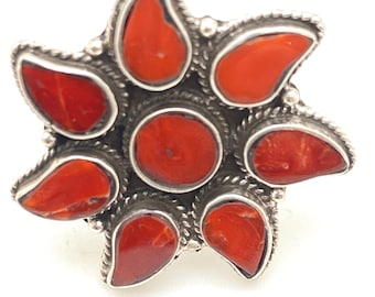 Coral ring,sterling silver,handcrafted,floral,flower,ethnic,Tibetan design,Himalayan, Nepalese