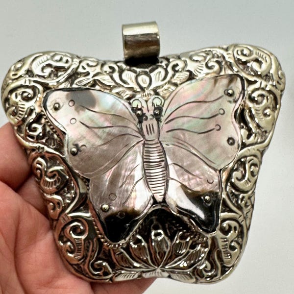 Large abalone Butterfly, abalone,handcrafted, Tibetan silver, Nepalese, ethnic style, Bug pendant