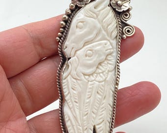 Carved Bone Horse Pendant: Tibetan Silver, Nepalese Design