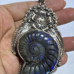 May include: A large silver pendant featuring a central dark gray ammonite fossil with iridescent blue flashes. The silver setting is decorated with embossed leaf patterns, small silver spheres, and a floral motif at the top with a textured bail.