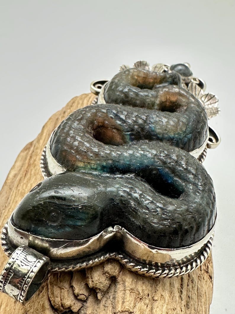 May include: A detailed pendant in the shape of a snake, crafted from a dark, iridescent stone with silver accents. The snake's body is coiled, and the pendant has a textured surface. The silver setting features intricate detailing, including a rope-like border and decorative elements.
