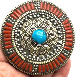 Belt buckle, handcrafted, Tibetan silver, coral, ethnic style, turquoise, Nepalese,