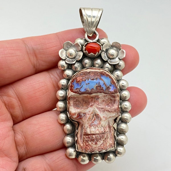 Opal carved skull pendant set with coral,mexican opal, sterling silver,floral,handcrafted,Himalayan,Nepalese,floral