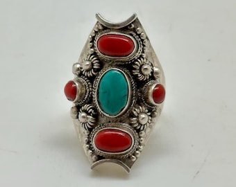 turquoise and coral ring, handcrafted,925 sterling silver,ethnic style, adjustable ,Nepalese
