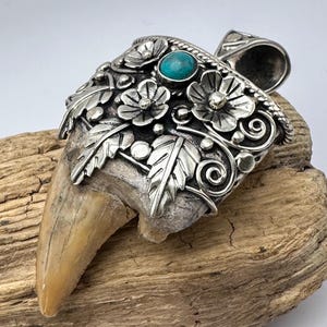 fossil shark tooth pendant, setting with Tibetan silver, master handcrafted from nepal