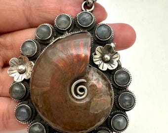 Ammonite fossil, handcrafted,labradorite,Tibetan floral  silver,