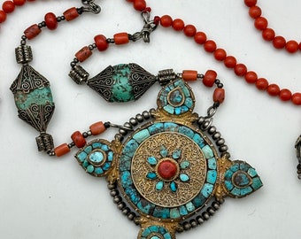 Tibetan antique necklace, Tibetan turquoise and coral
