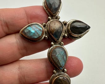 labradorite cross pendant, master handcrafted, Tibetan repousse silver,