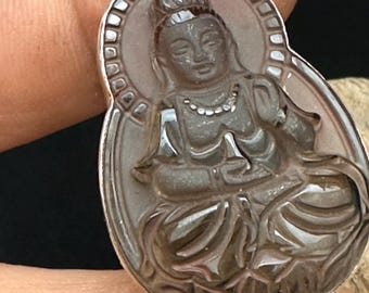 Handcrafted Kwan Yin Smoky Quartz Pendant, quan yin buddha, Sterling Silver Boddhisatva