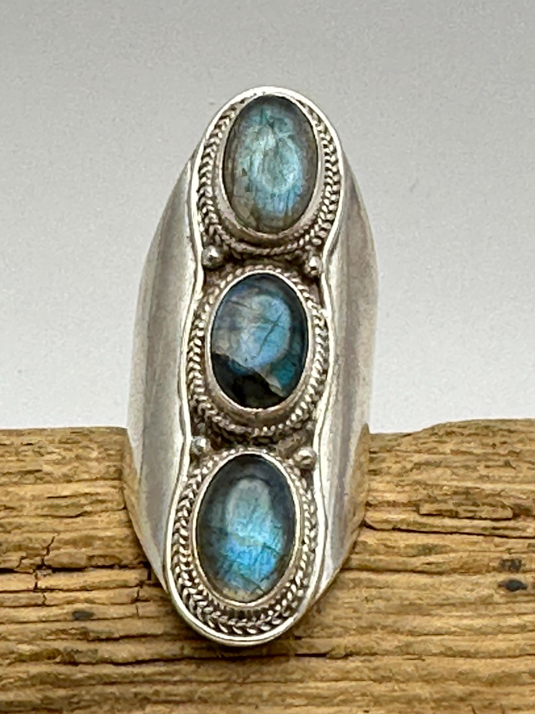 labradorite ring,triple stone ring,sterling silver, fashion jewelry