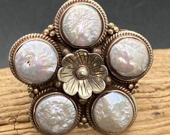 Handcrafted Mother of Pearl Flower Ring, Tibetan Silver Adjustable Band
