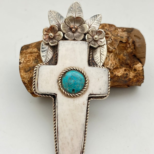 cross pendant, bone carved, set with turquoise, floral design,tibetan repousse silver,handcrafted,Nepalese