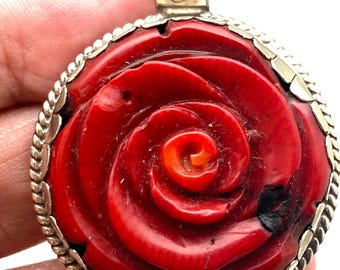 Rose pendant,Bamboo coral flower pendant, handcrafted,Tibetan silver ,ethnic style,Nepalese