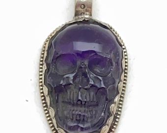 Amethyst carved skull pendant, handcrafted, hand carved,Tibetan silver,Himalayan, Nepalese