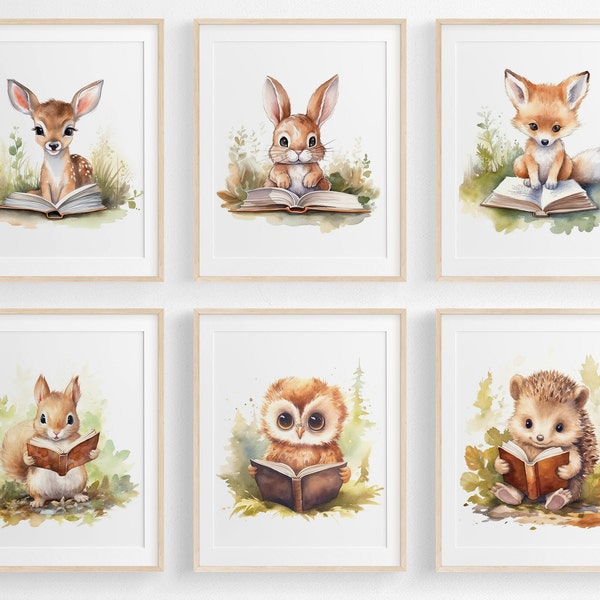 Woodland Animal Readers, Set of 6 | Woodland Animal Nursery Art | Woodland Animal Nursery Print | Woodland Library | Woodland Kids Room Art