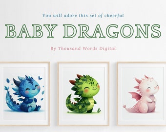 Baby Dragons, Set of 3 | Nursery Print | DIY Nursery | Fantasy Nursery | Dragon Nursery | Fairytale Nursery | Storybook Nursery | Dragon Art
