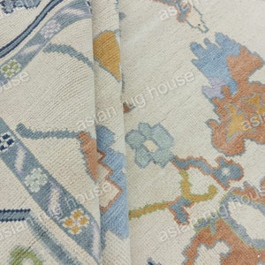 beige, steel blue, Green Leaf Oushak rug multi size 8x10/9x12/10x14 Hand-knotted Vintage Oushak Wool Area Rug for Living Room, Dining room.