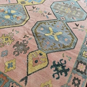 peachy pink and Blue Wool Oushak Rug Hand Made Vintage Antique Oushak Wool Area Rug for Living Room, Dining Room, office 8x10/9x12 oushak