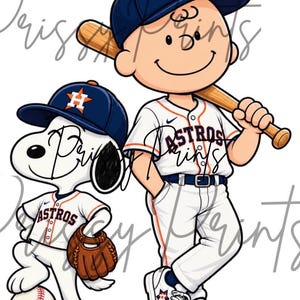 Könnte beinhalten: Eine Cartoon-Illustration einer Figur mit einer marineblauen Houston Astros Baseballkappe und weißer Uniform mit einem Holzschläger, die neben einem weißen Hund mit passender Kappe und Uniform sowie einem braunen Baseballhandschuh steht.