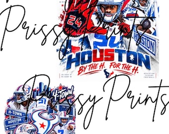 May include: A graphic print featuring Houston Texans football imagery, including players in white and blue uniforms, the text HOUSTON BY THE H. FOR THE H., H-TOWN, and H'S UP, with red and blue accents, a large red glove with the number 24, and team logos.