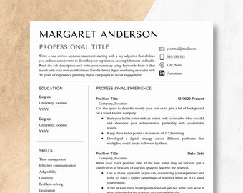 May include: A resume template with a professional design. The template includes sections for professional title, education, professional experience, and skills. The template is designed to help job seekers create a professional and effective resume.
