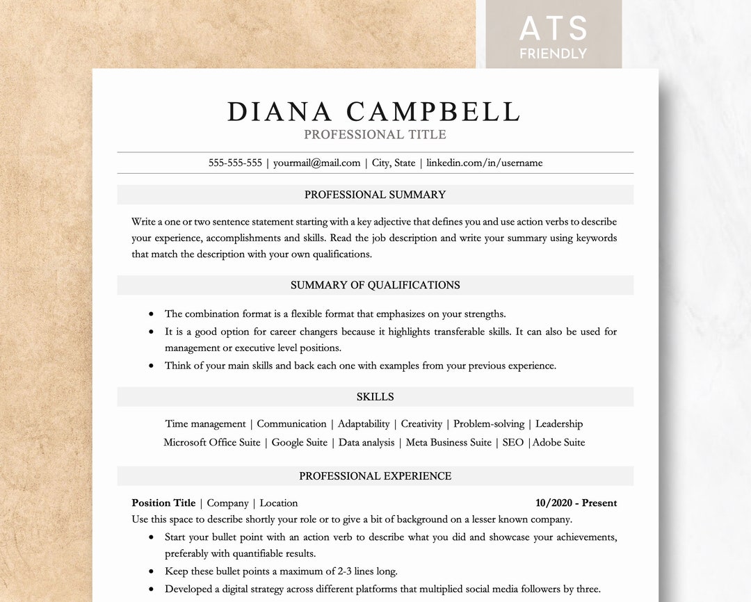 Combination Resume Template for Google Docs, Word & Pages, Resume and ...
