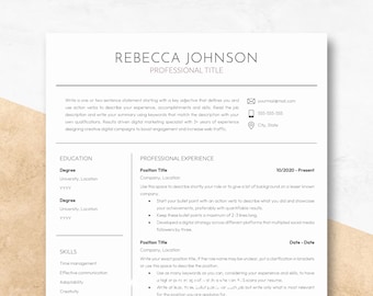 May include: A black and white resume template with the name Rebecca Johnson at the top. The resume includes sections for education, professional experience, and skills. The template is designed to help job seekers create a professional and visually appealing resume.