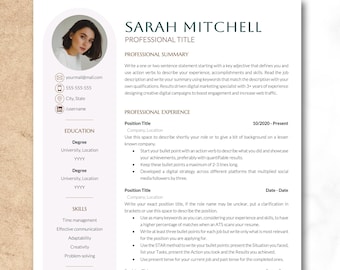 Modern Resume Template with Photo for Google Docs, Word & Pages, Resume and Cover Letter Template, Simple Clean Creative Executive CV Design