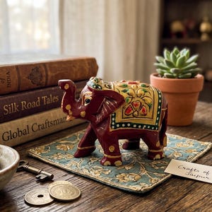 Figura de elefante de madera pintada a mano / Amuleto de buena suerte rojo intenso, arte popular indio