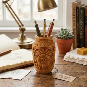 Hand-Carved Wooden Pen Stand | Floral Motif Desk Organizer, Boho Office Decor