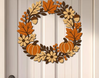 Layered Autumn Wreath SVG DXF, 3 Color Pumpkin Leaves Laser Cut Door Decor
