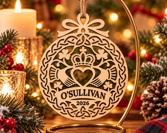 Personalized Irish Ornament SVG, Family Name Claddagh Laser Cut, Celtic Christmas Keepsake