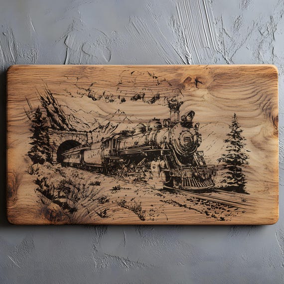 Retro Train SVG PNG, Charcuterie Cutting Board, Locomotive Svg Laser Engrave Lightburn Laser SVG, Wood Sign, Train Lovers, Railway Train Png