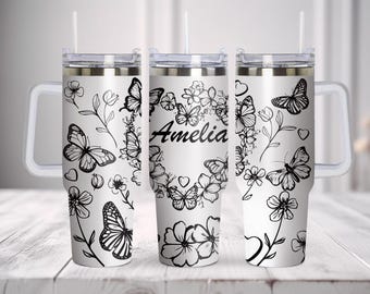 Add Your Text Floral Heart Butterfly Tumbler Svg, 40oz Tumbler Full Wrap Laser Svg, Laser Engraved Svg, Tumbler Laser File, Laser Svg
