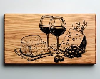 Snijplank wijn en kaas, charcuterie lasergraveren SVG-bestand, keukendecor borden svg, png, Lightburn Laser SVG-bestand hout teken