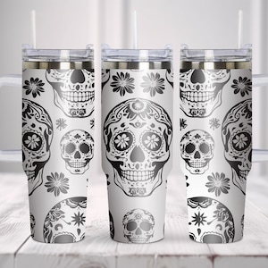 Floral Sugar Skull SVG Wrap Laser Svg, Svg laser pour gobelet 40 oz, gravé au laser, fichier laser gobelet, Svg pour gobelet.