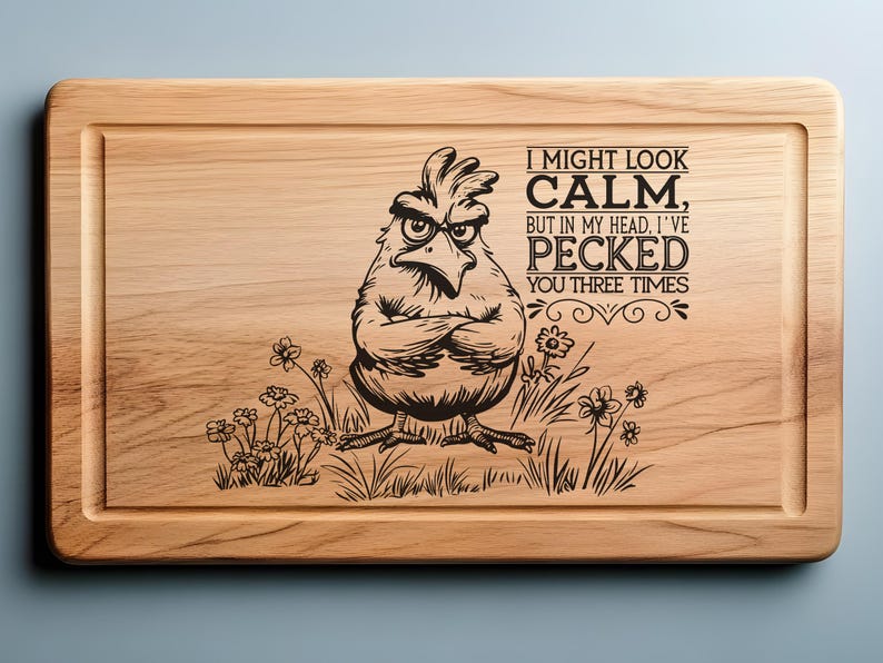 May include: Wooden cutting board with a carved design of an angry chicken and the text "I MIGHT LOOK CALM, BUT IN MY HEAD, I'VE PECKED YOU THREE TIMES." The board has a juice groove and is light brown.