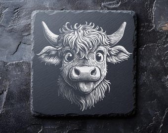 Funny Highland Cow Slate Coaster PNG SVG | Baby Cow Laser Engraving File | Farmhouse Gift